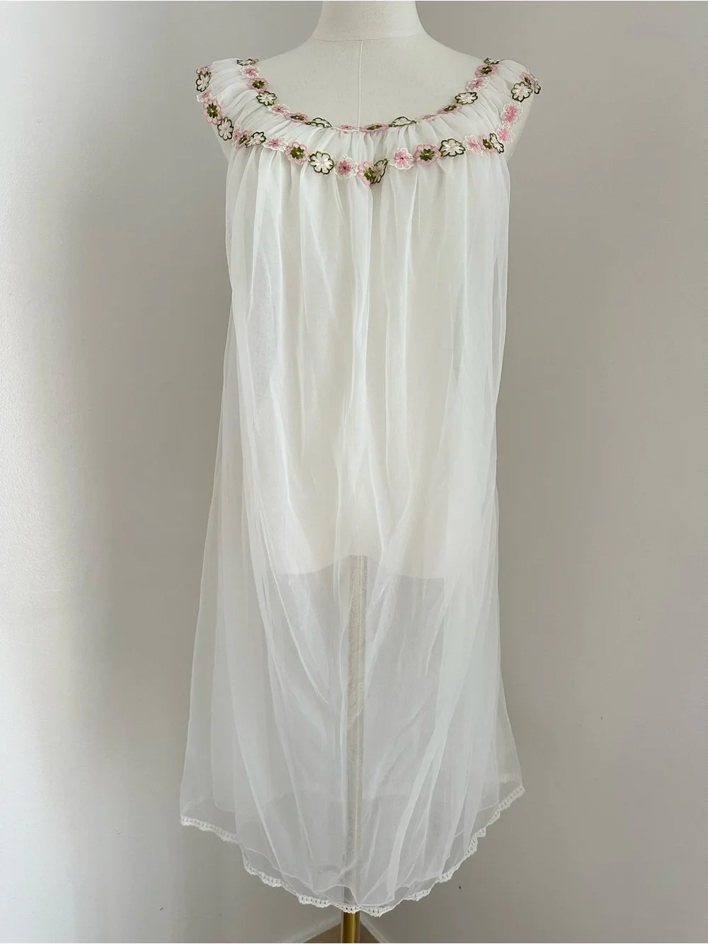 Vintage White Sheer Chiffon Chemise with Pink & Green Floral Trim #081